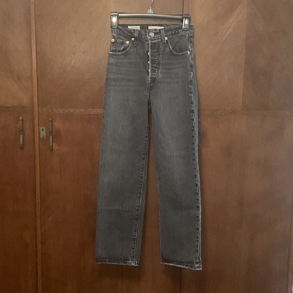Levi's Ribcage Straight Leg Button Fly Jeans - Washed Charcoal size W24 L27